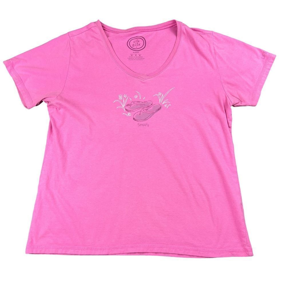 Life Is Good Simplify Sleep Shirt Womens Medium M Flip Flops Pink Pajama Top